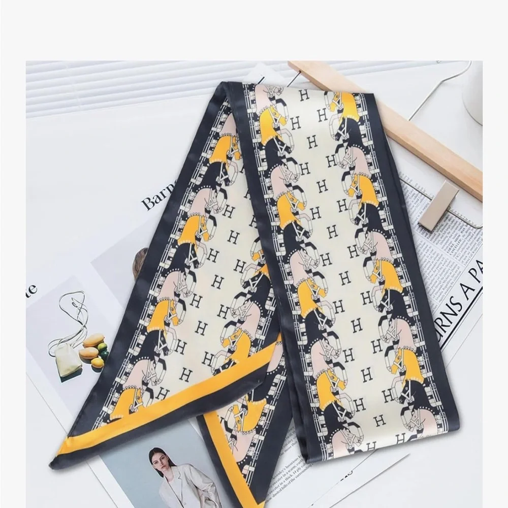 Elegant Black and Yellow Horse Silky Twilly Scarf Long Luxury Expensive Quality